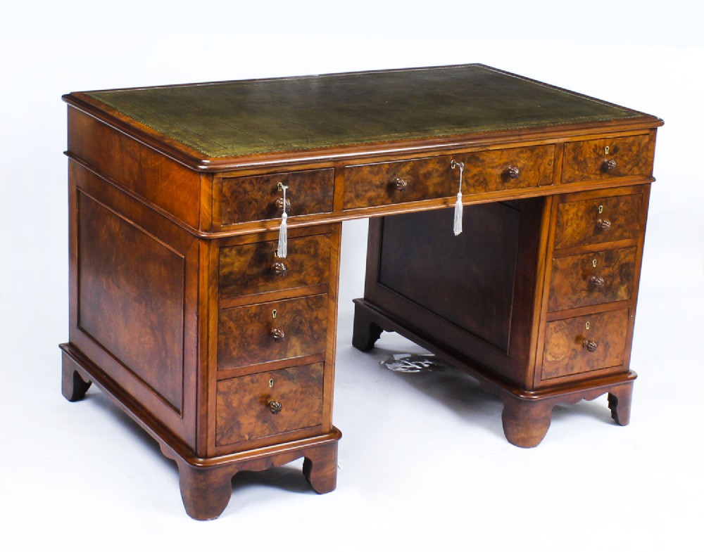 Antique Victorian Burr Walnut Pedestal Desk 19th C