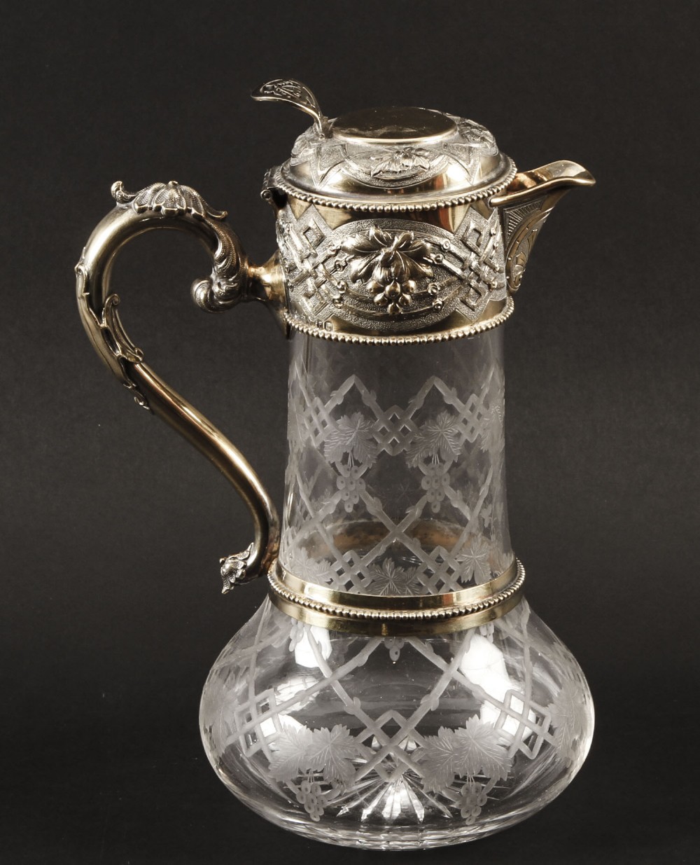 Antique Victorian Sterling Silver Gilt and Cut Crystal Claret Jug 1873 19th C
