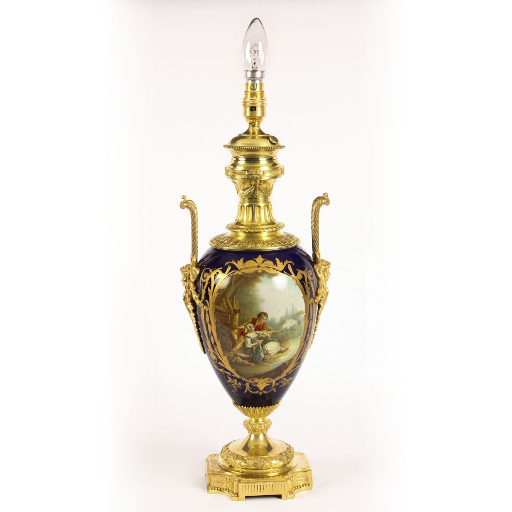 Antique Cobalt Blue Sevres Porcelain Ormolu Table Lamp c.1880 19th C
