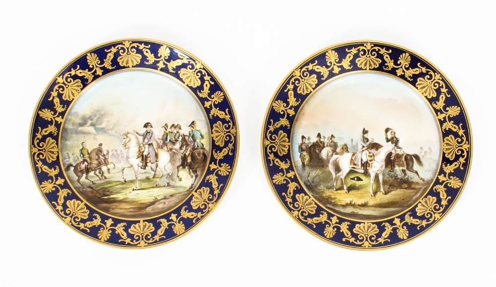 Antique Pair Sevres Napoleon Cabinet Plates Mentmirail Imp de Sevres 19th C
