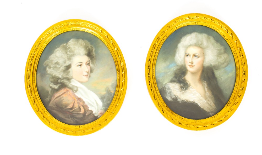 Antique Pair French Pastel & Gouache Portraits Mid 19th Century
