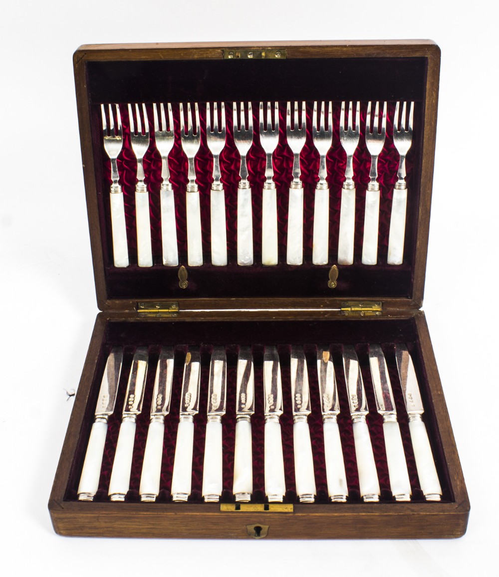 Antique Boxed Set 12 Pairs Silver & Mother of Pearl Fruit Forks & Knives 1892
