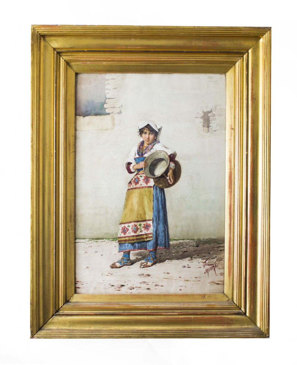 Antique Watercolour 'Water Carrier' F Indoni c.1890
