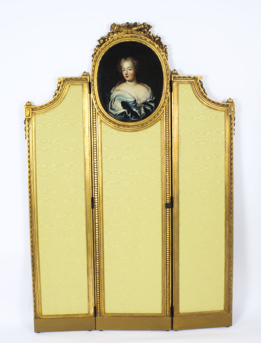 Antique French Giltwood Dressing Screen With Oil Painting Portrait 19th C
