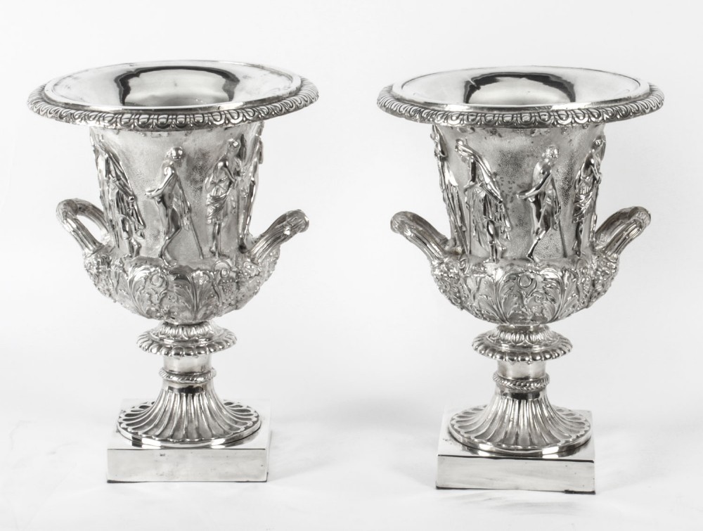 Antique Pair Silver Plated Grand Tour Borghese Bronze Campana Urns 19th C

