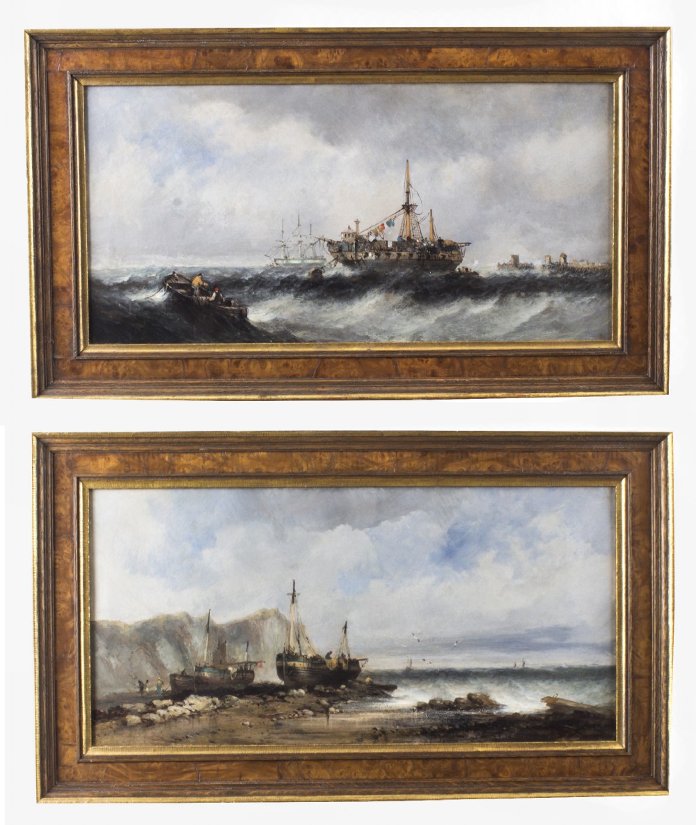 Antique Pair Seascape Oil Paintings Fishing Boats 19th century
