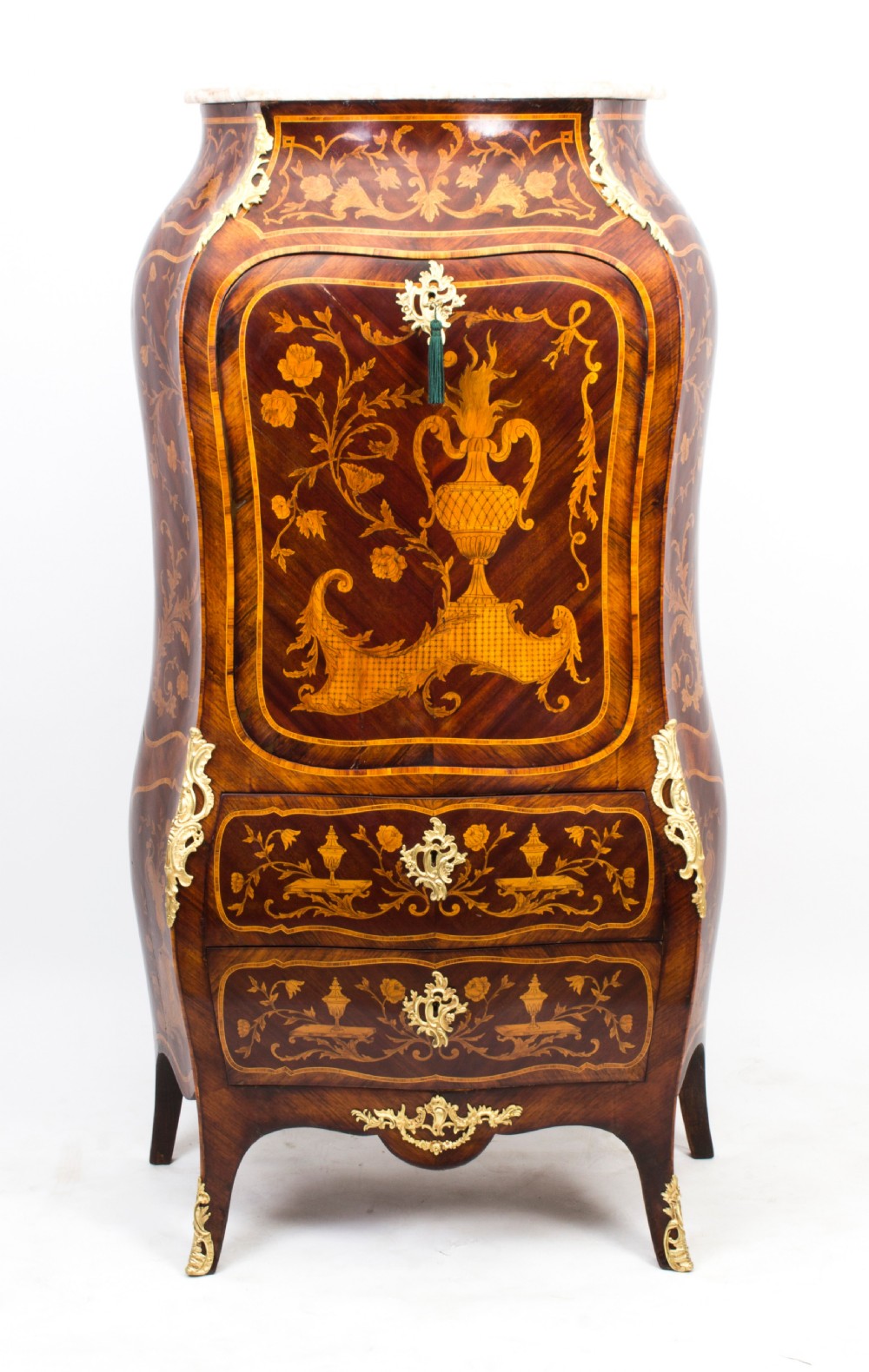 A 19th-century French Rococo Revival secretaire a abattant crafted with floral marquetry, gilt bronze mounts, a contoured silhouette, and a marble top. View II
