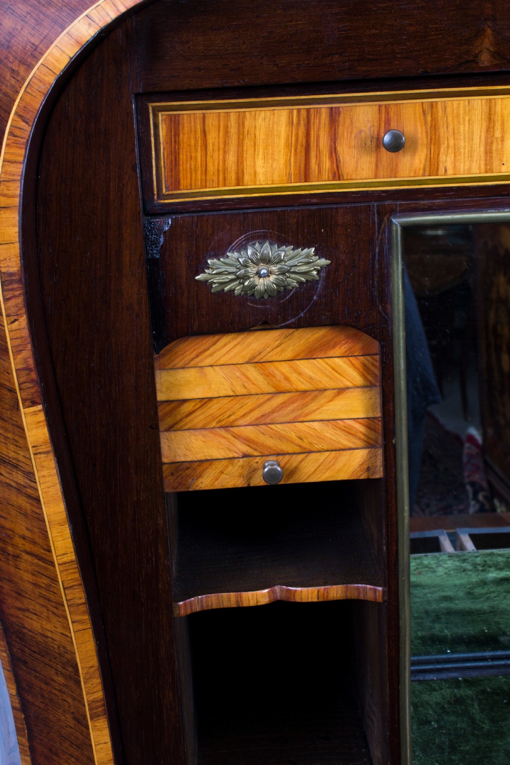 A 19th-century French Rococo Revival secretaire a abattant crafted with floral marquetry, gilt bronze mounts, a contoured silhouette, and a marble top. View XVII