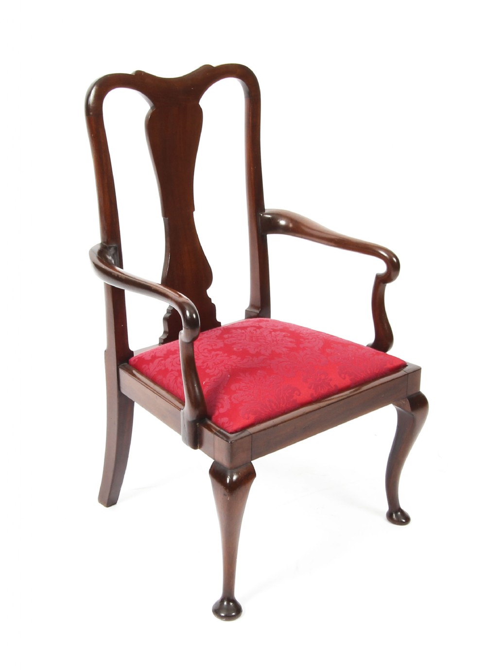 A small dark mahogany Queen Anne style armchair with a vasiform back splat, curved arms, cabriole front legs, and a red damask upholstered seat.