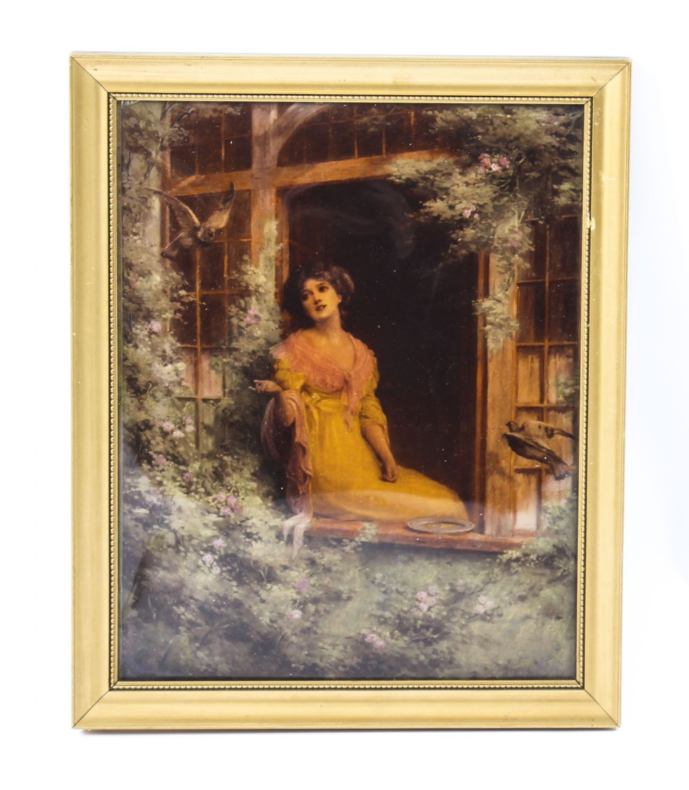 Antique Victorian Crystoleum Picture Painting of a Lady by a Window 19th C
