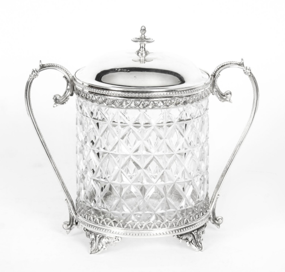 Antique Silver Plate and Cut Glass Biscuit Box Sheffield 19th Century

