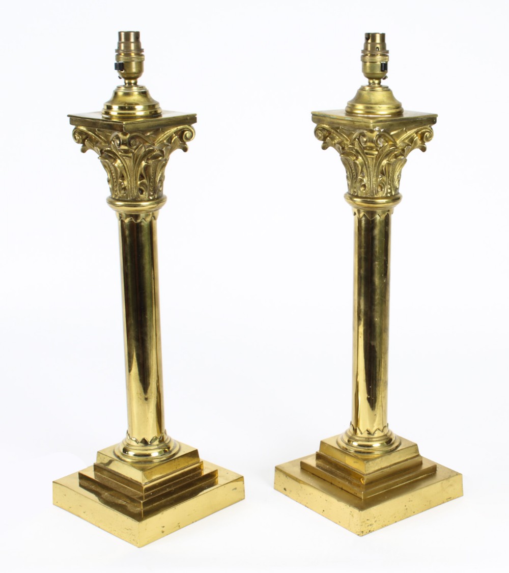 Antique Pair Victorian Brass Corinthian Column Table Lamps 19th C
