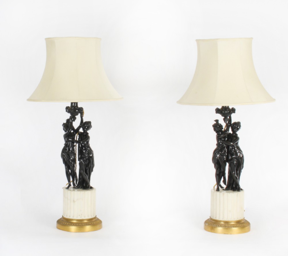 Antique Pair French Bronze Bacchantes Marble Table Lamps Circa 19th Century
