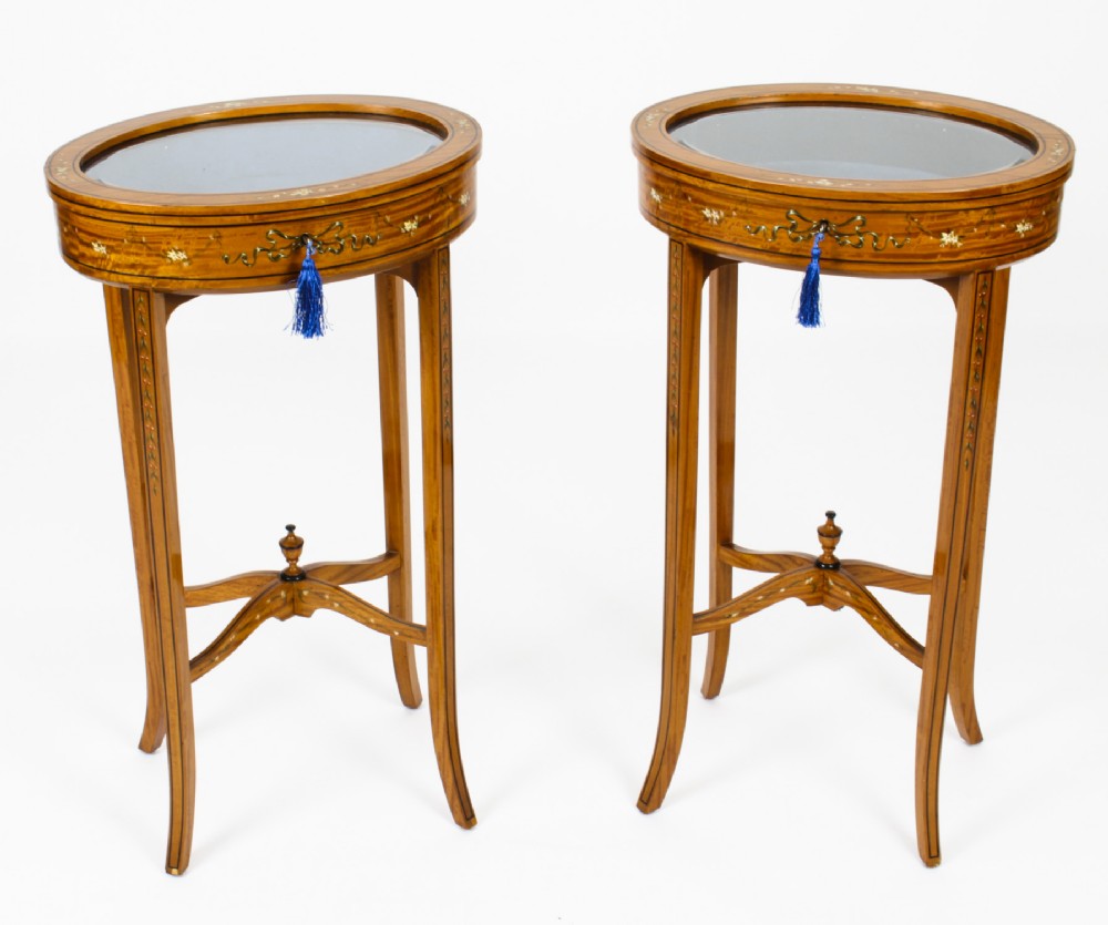 Antique Pair Edwardian Satinwood Painted Bijouterie Display Tables Circa 1900
