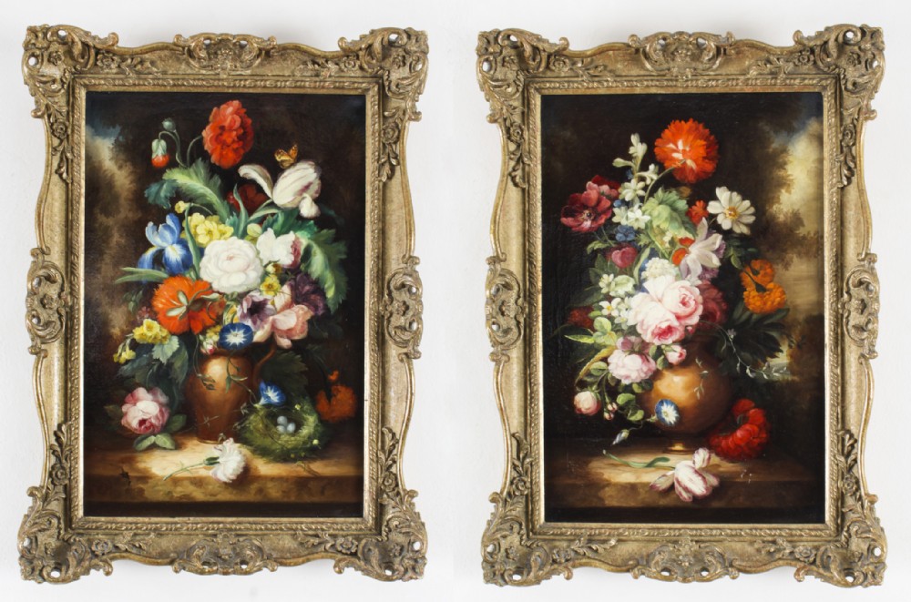 Antique Pair Still Life Oil Paintings European School 19th Century
