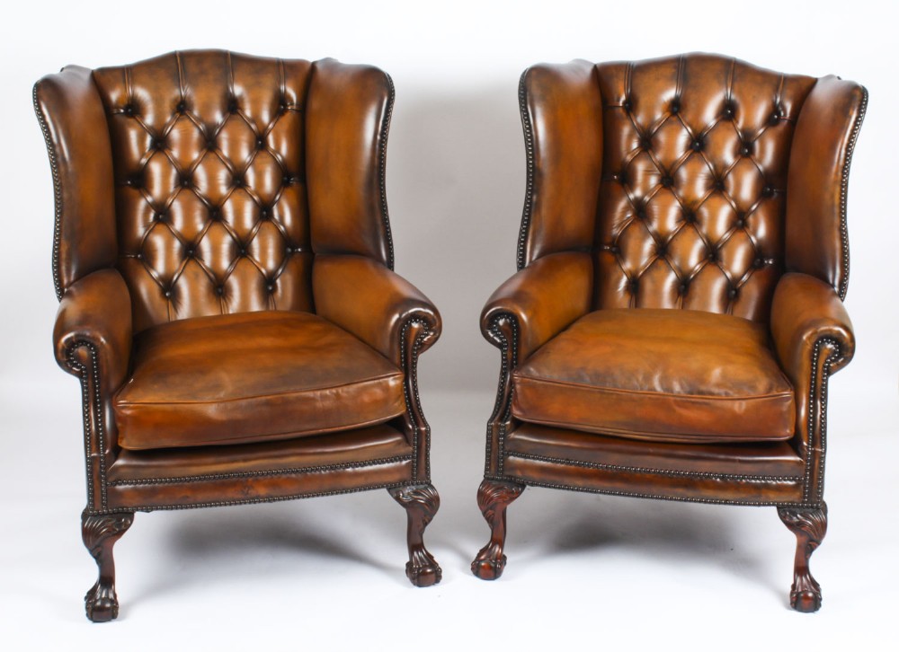 Antique Pair Leather Chippendale Wingback Armchairs c.1920
