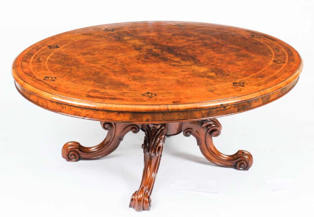 Antique Burr Walnut Oval Coffee Table Circa 1860 19th Century View II