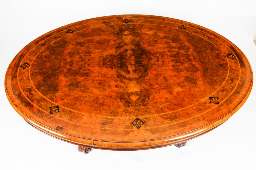 Antique Burr Walnut Oval Coffee Table Circa 1860 19th Century View IV