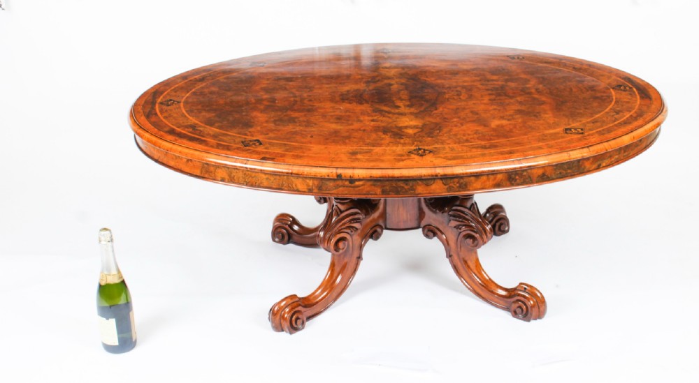 Antique Burr Walnut Oval Coffee Table Circa 1860 19th Century View XV