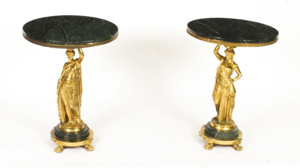 Antique Pair Figural Group Ormolu & Marble Occasional Tables 19th Century
