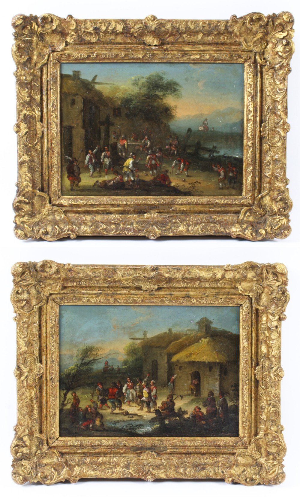 Antique Pair Oil on Canvas Paintings After David Teniers 18th C
