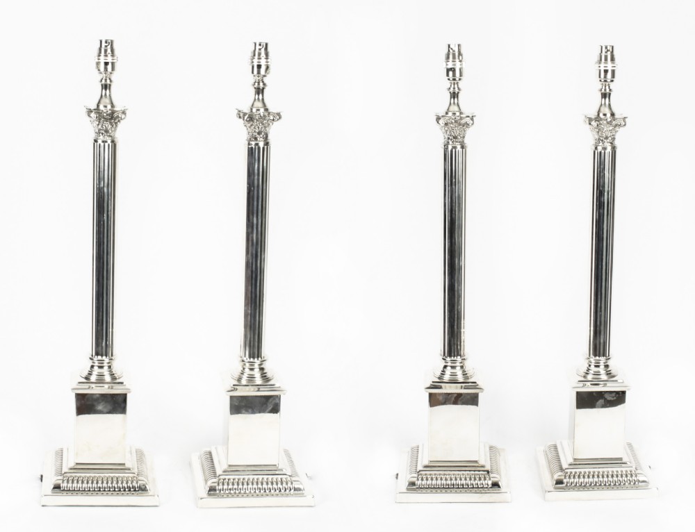 Antique set 4 Edwardian Silver Plated Corinthian Column Table Lamps C1910
