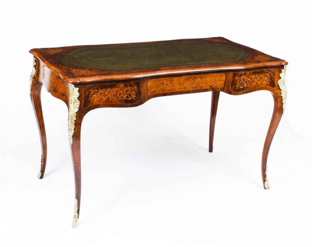 Antique Victorian Burr Walnut & Floral Marquetry Writing Table 19th C
