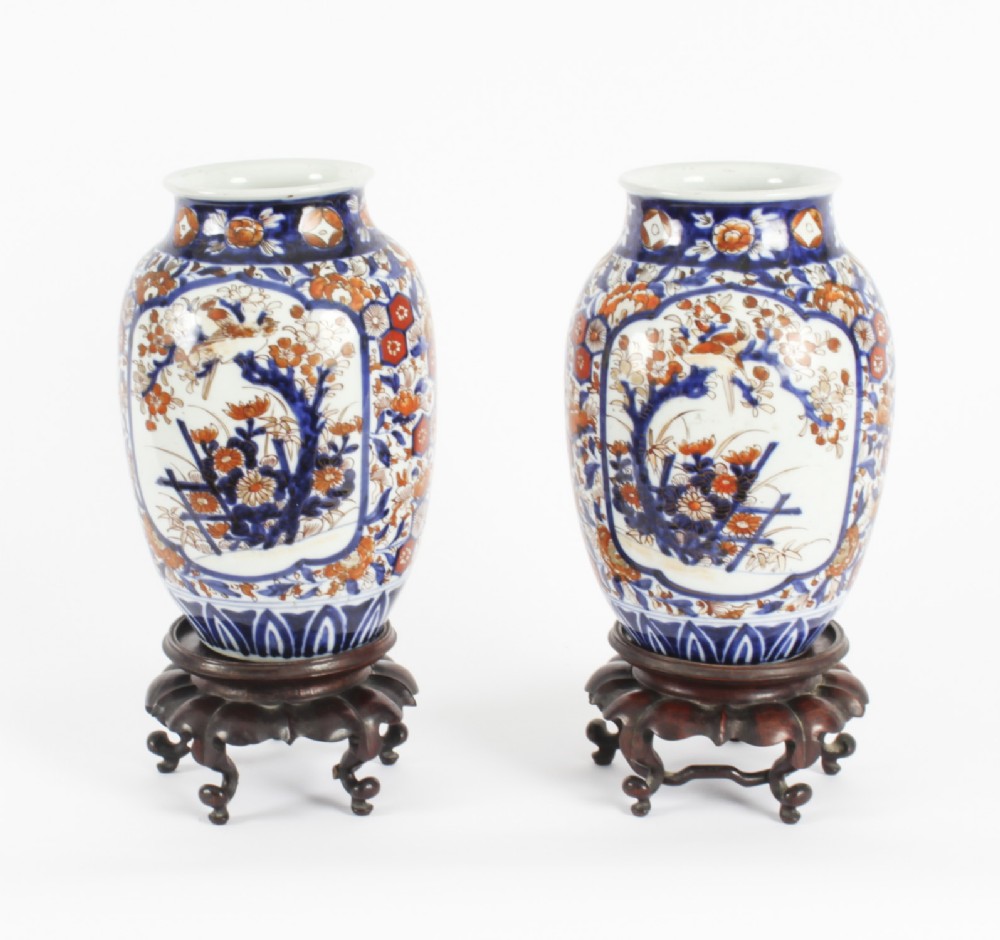 Antique Pair Japanese Imari Porcelain Vases on Stands c. 1870 19th C.
