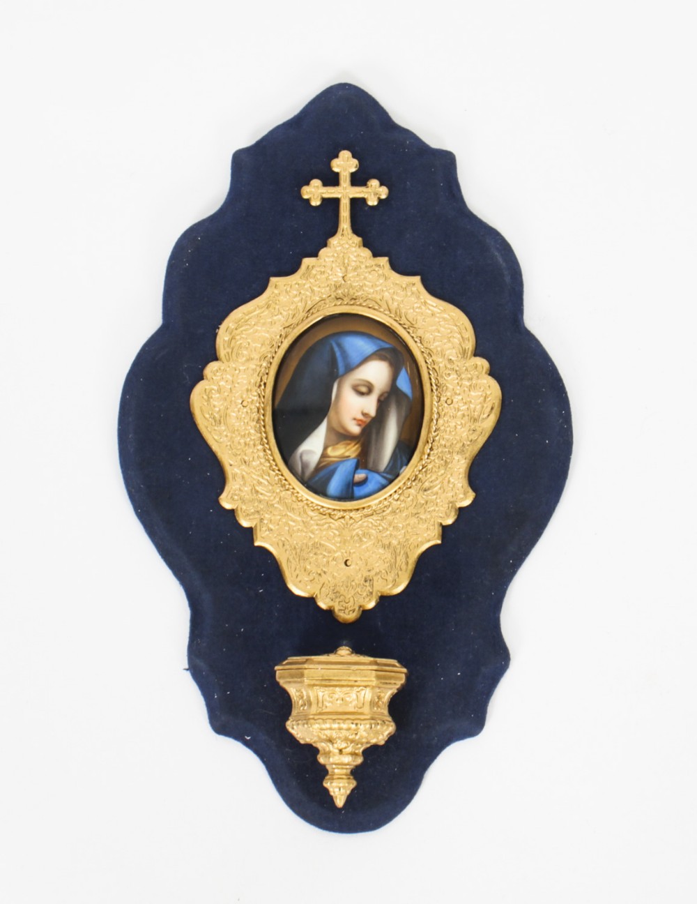 Antique French Painted Porcelain & Ormolu Plaque Holy Water Font Stoop 19thC
