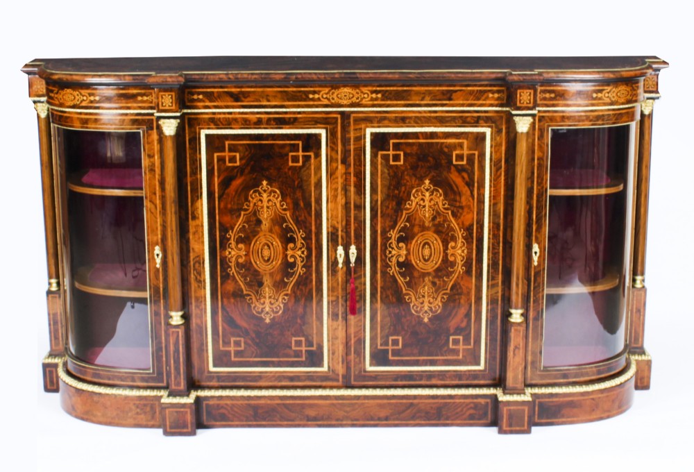 Antique Victorian Burr Walnut Inlaid Credenza Side Cabinet c.1860
