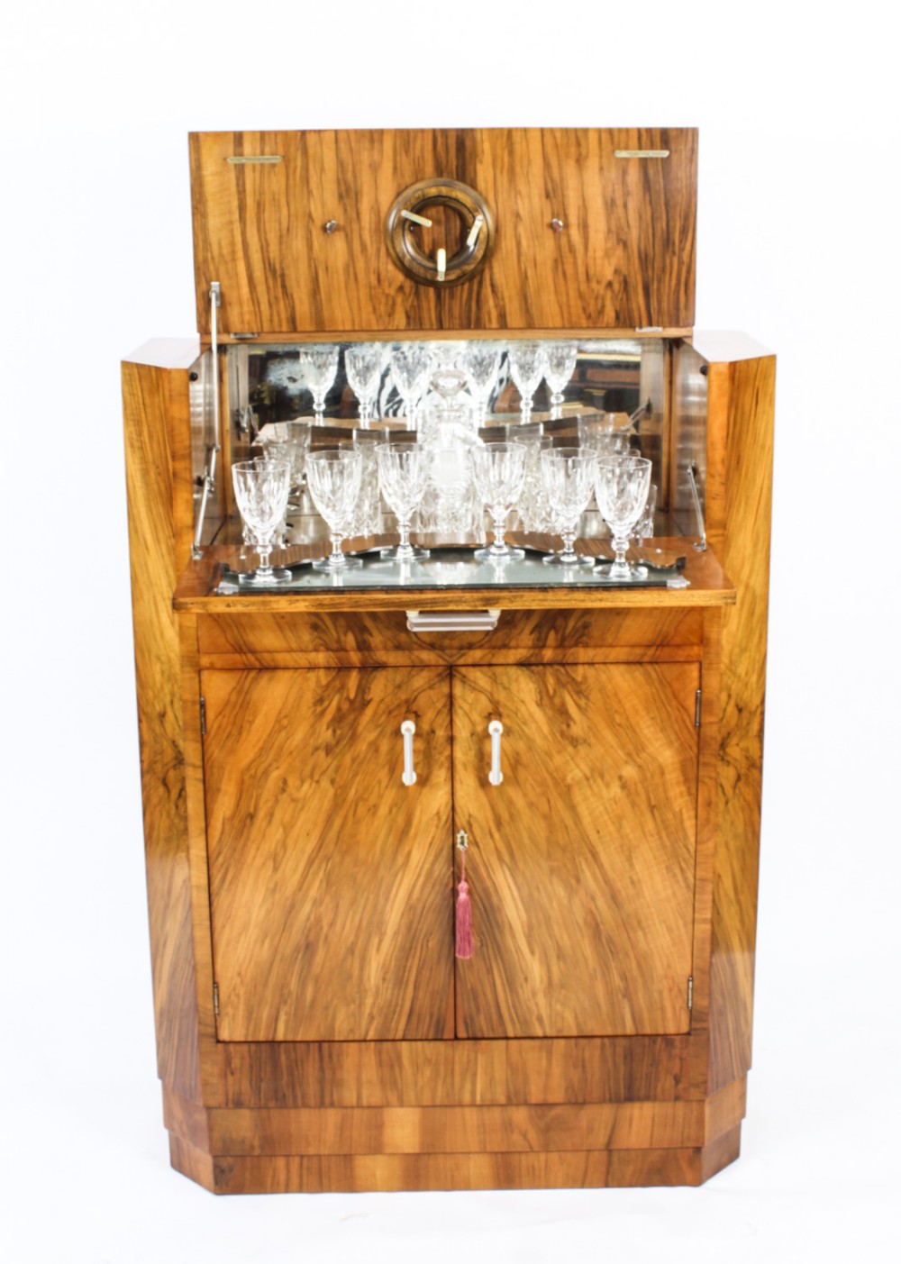 Antique Art Deco Burr Walnut Cocktail Cabinet Dry Bar & Glassware c.1920
