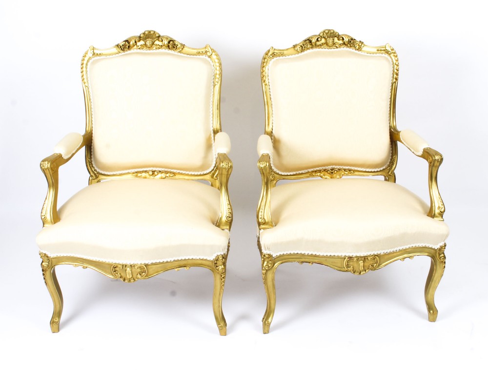 Antique Pair French Louis Revival Giltwood Piece Salon Armchairs 19th Century

