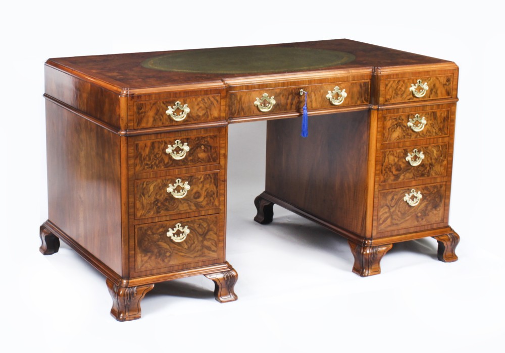 Antique Victorian Revival Burr Walnut Pedestal Desk 20th C
