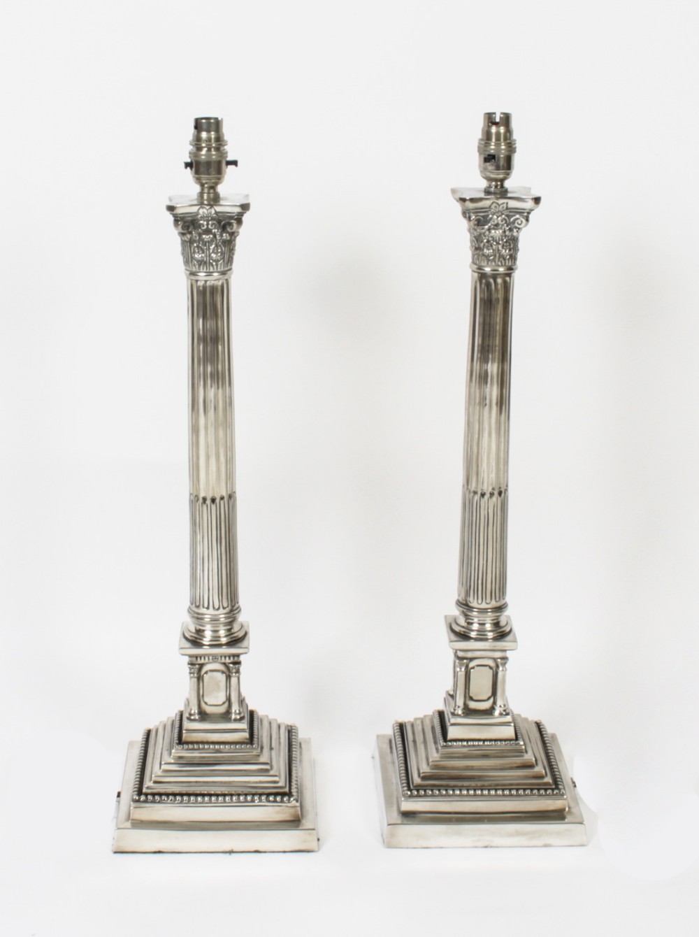 Antique Pair 2ft Silver Plated Corinthian Column Table Lamps C1910

