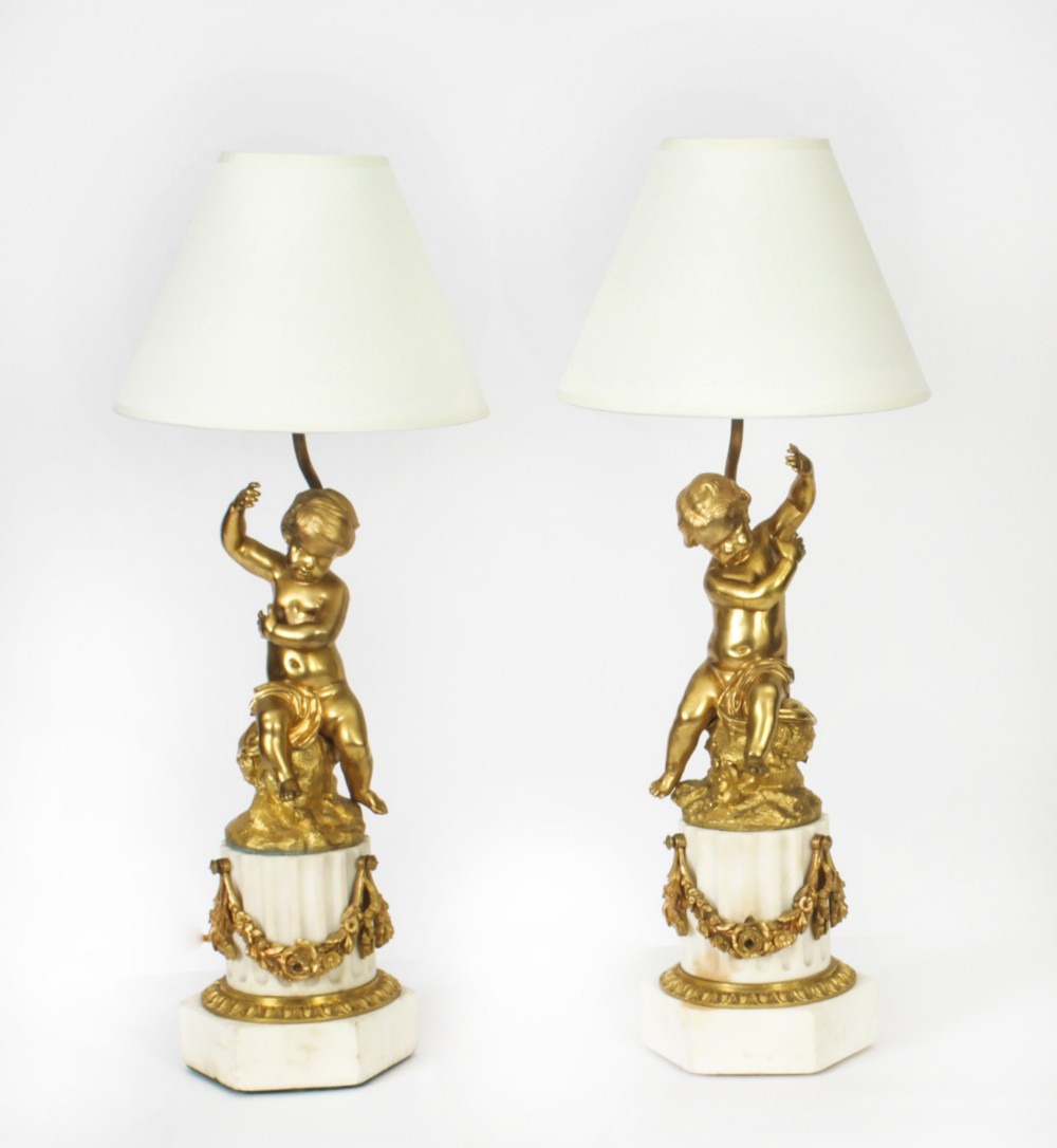 Antique Pair French Ormolu Cherub Candelabra Table Lamps 20th C
