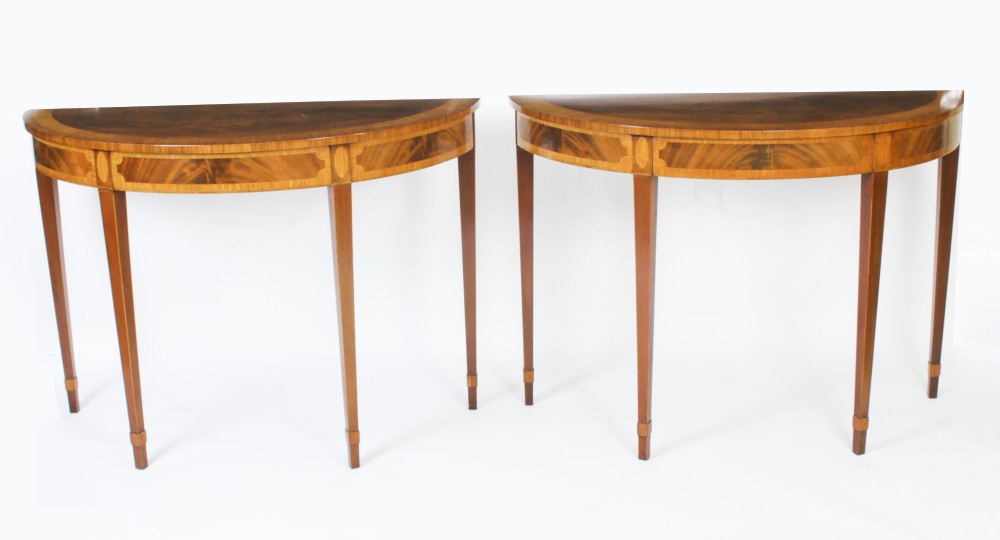 Antique Pair Fruitwood Inlaid Console Tables 20th C
