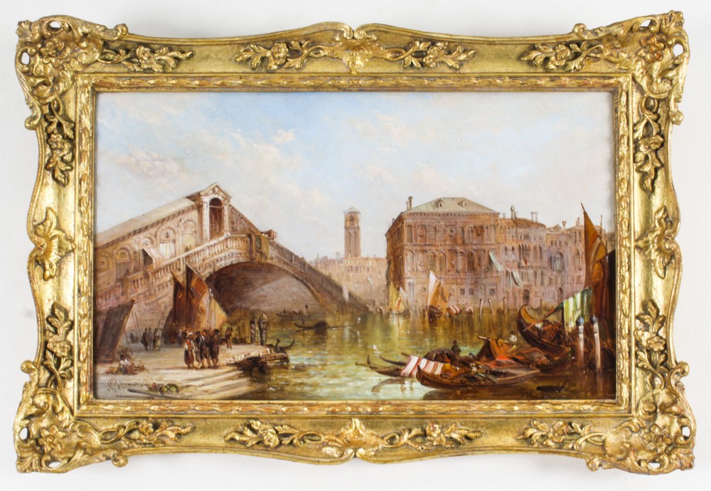 Antique Oil Painting The Rialto, Venice' Alfred Pollentine 19th C
