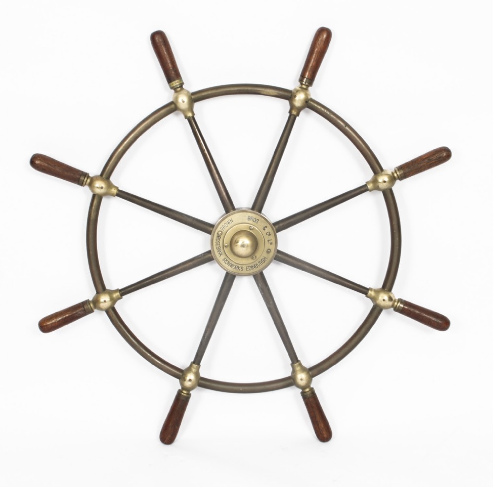 Antique 8-Spoke Brass & Walnut Ships Wheel Brown Bros Edinburgh Circa 1900
