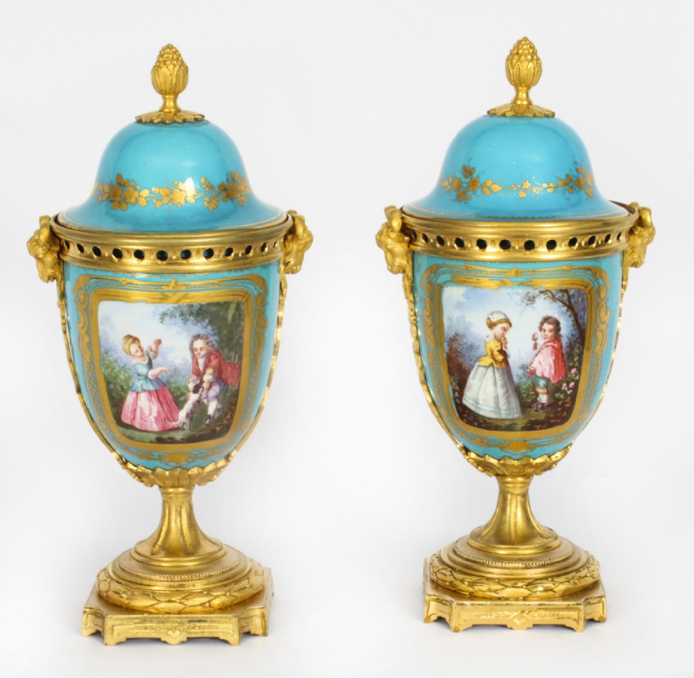 Antique Pair Bleu Celeste Sevres Porcelain Lidded Pot Pourri Vases 19th C
