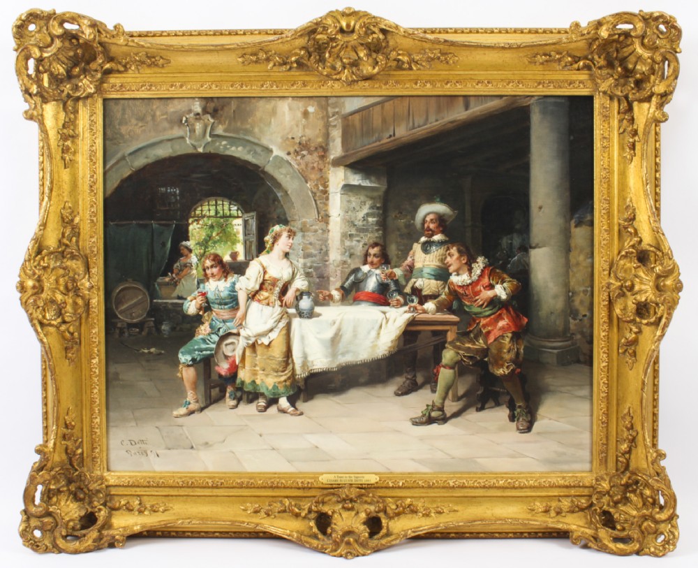 Antique Italian Oil on Canvas Painting by Cesare Augusto Detti 1891 19th C

