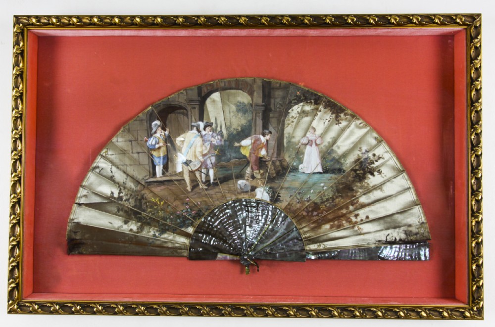 Antique French Framed Mother Pearl Hand-Painted Fan Late 18th Century
