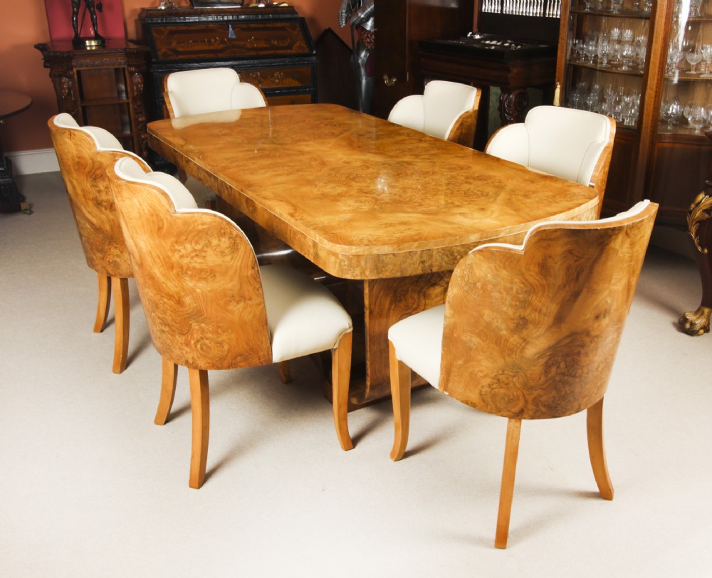 Antique Art Deco Burr Walnut Dining Table & 6 Cloud Back Chairs C1920
