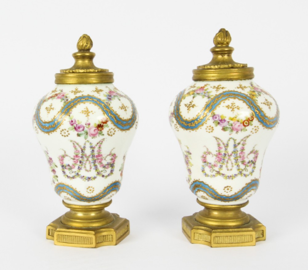 Antique Pair French Ormolu Mounted Sevres Lidded Vases Mid 19th C
