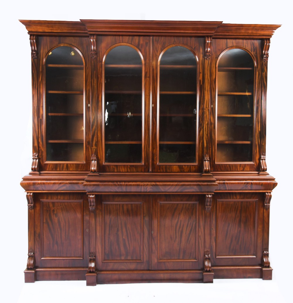 Antique English Flame Mahogany Library Breakfront Bookcase 19th C
