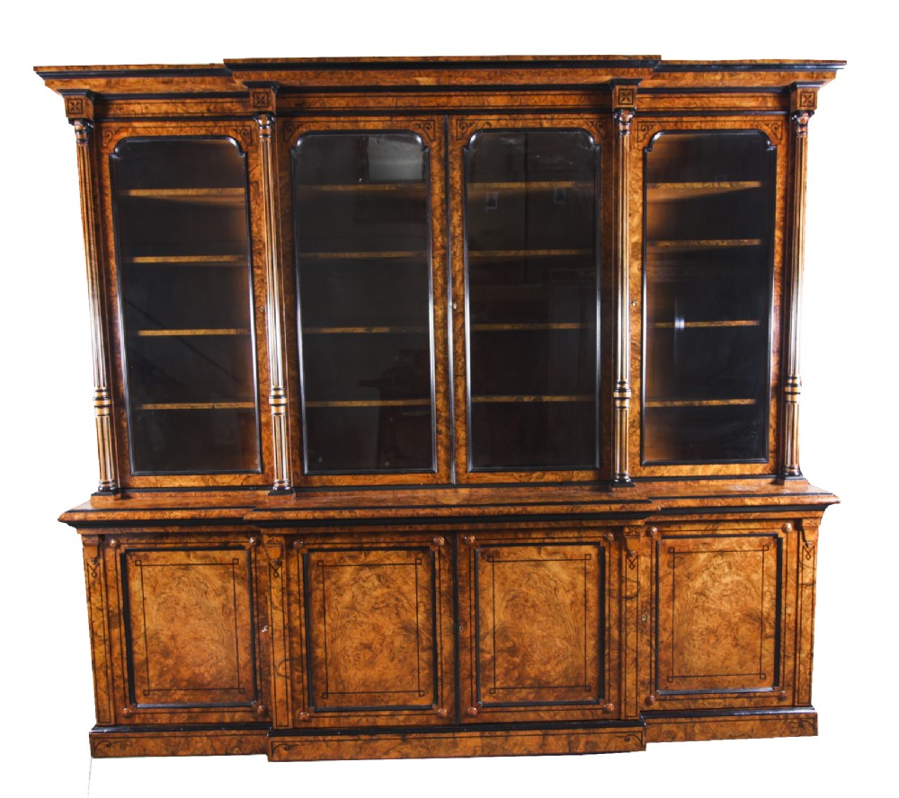 Antique Victorian 10ft Four Door Burr Walnut Library Bookcase 19th Century
