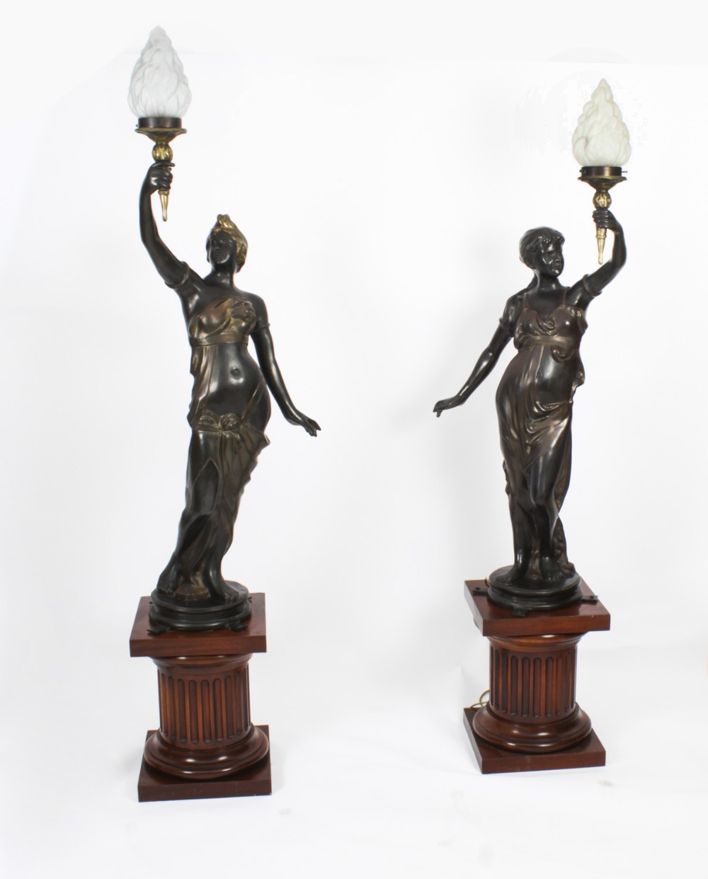 Antique Pair Large Bronze Figural Torcheres Lamps on Doric Columns C1910
