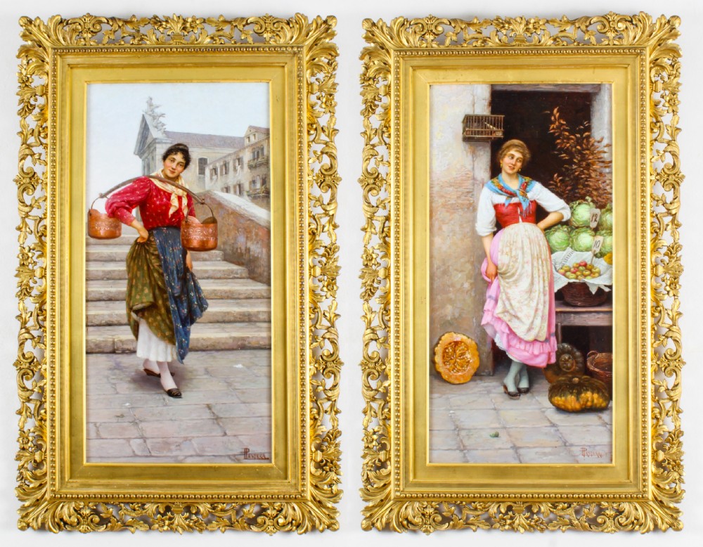 Antique Pair Oil on Canvas Venetian Market Paintings by Luigi Pastega 19th C
