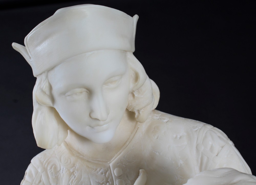 A 19th-century white carved alabaster sculpture depicting a seated female figure in drapery with a male figure standing behind her. View VIII