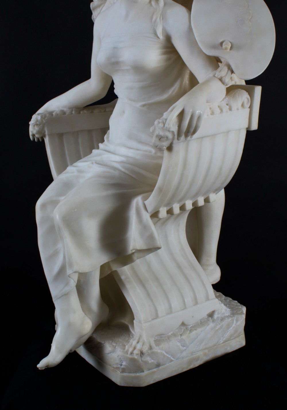 A 19th-century white carved alabaster sculpture depicting a seated female figure in drapery with a male figure standing behind her. View XV