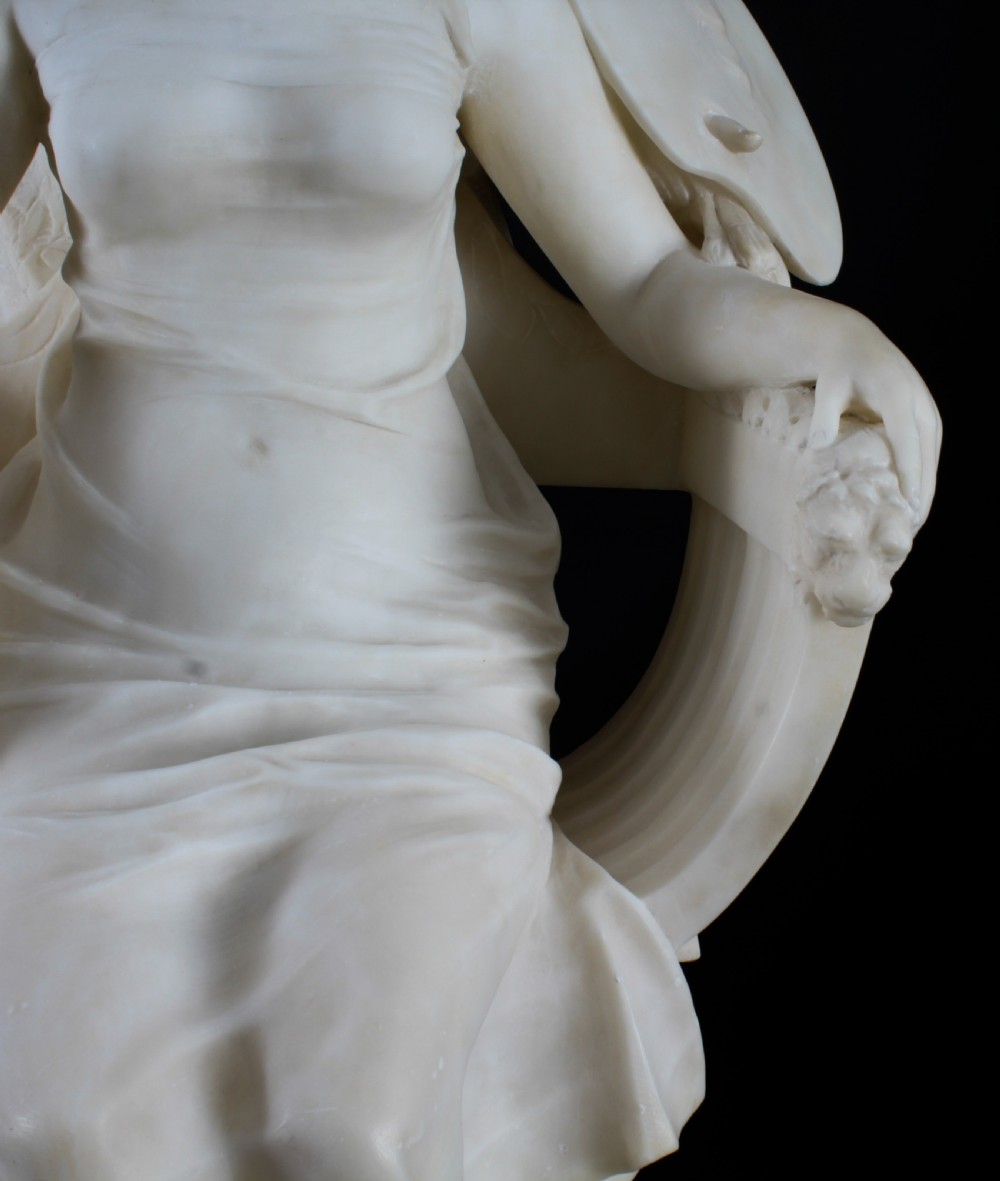 A 19th-century white carved alabaster sculpture depicting a seated female figure in drapery with a male figure standing behind her. View XVII
